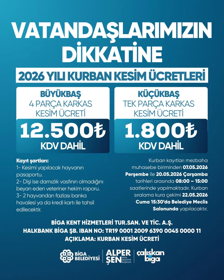 Biga Belediyesi 2026 Yılı Kurban Kesim Ücretleri ve Kayıt Detayları Belirlendi