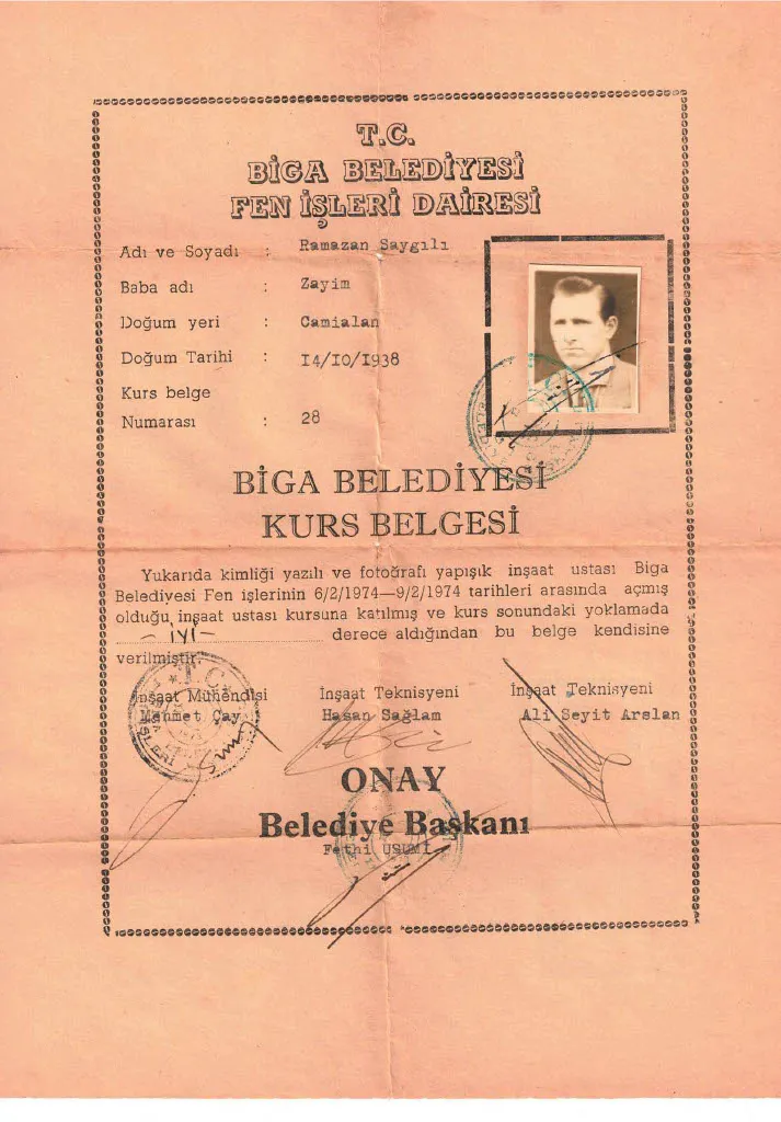 Biga Belediyesi Arşivinden: Ustalığa ilk adım 1974 Kurs Belgesi