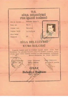 Biga Belediyesi Arşivinden: Ustalığa ilk adım 1974 Kurs Belgesi - Fotoğraf 1